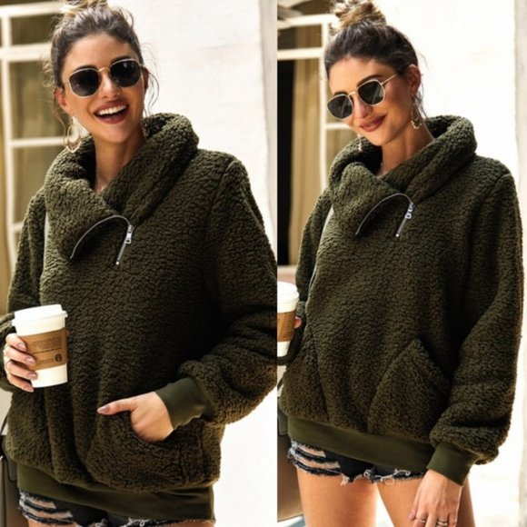 Sweaters - Soft sherpa zipper detail loose cowl neck sweater